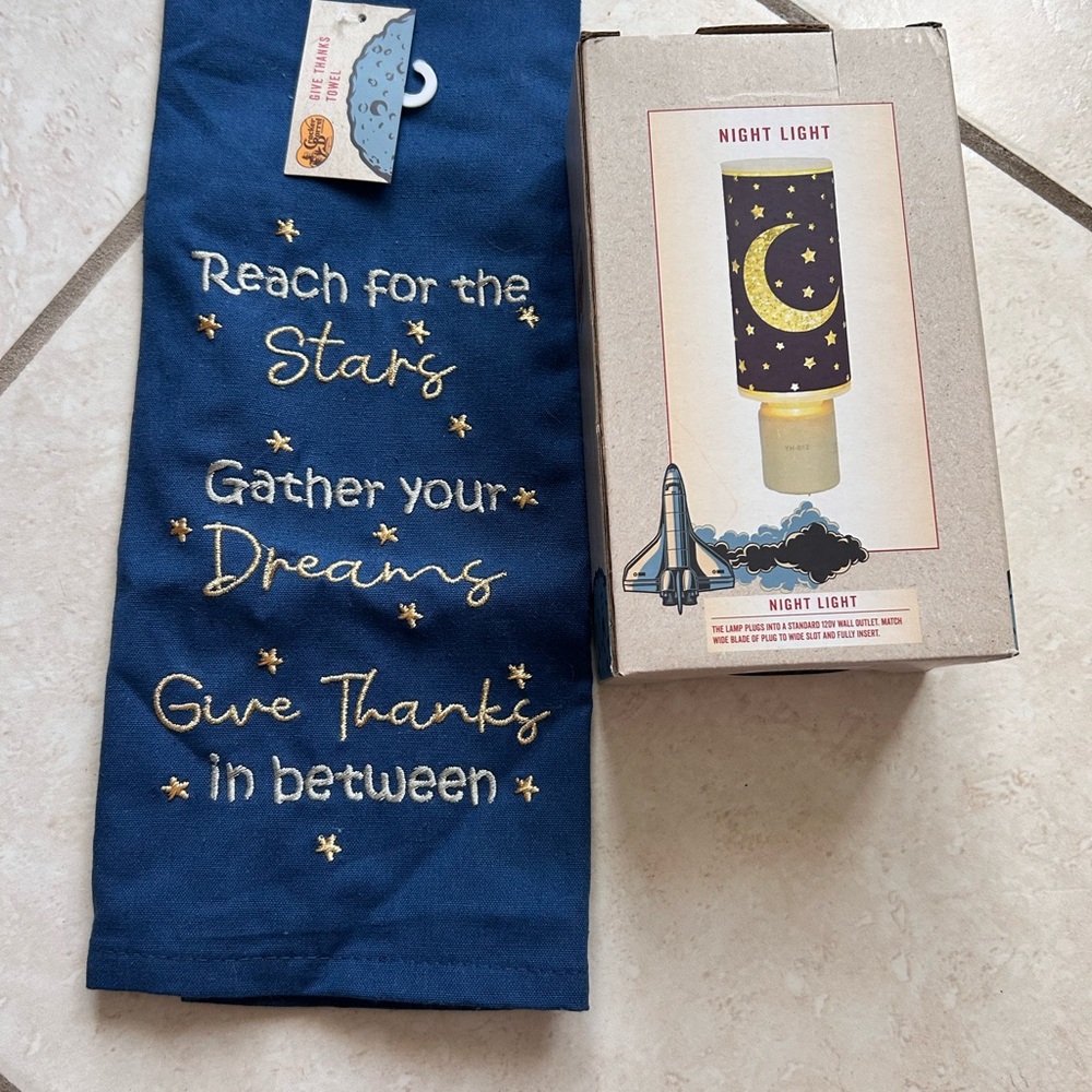 Navy Star Embroidered Linen Towel with Moon Night Light